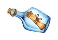 Watercolor illustration of a bottle with a message. Royalty Free Stock Photo