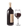 Watercolor illustration of the bottle and one glass of red wine. Picture of a alcoholic drink isolated on the white Royalty Free Stock Photo