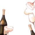 Watercolor illustration of the bottle and one glass of white wine. Picture of a alcoholic drink isolated on the white Royalty Free Stock Photo