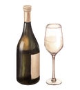 Watercolor illustration of the bottle and one glass of white wine. Picture of a alcoholic drink isolated on the white Royalty Free Stock Photo