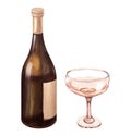 Watercolor illustration of the bottle and one glass of white wine. Picture of a alcoholic drink isolated on the white Royalty Free Stock Photo