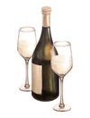 Watercolor illustration of the bottle and one glass of white wine. Picture of a alcoholic drink isolated on the white Royalty Free Stock Photo