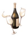 Watercolor illustration of the bottle and one glass of white wine. Picture of a alcoholic drink isolated on the white Royalty Free Stock Photo