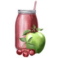 Watercolor illustration of bottle with red juice, cherry and apple Royalty Free Stock Photo