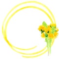 Watercolor illustration of a bouquet of dandelions in a round frame, spring and summer wild flowers Royalty Free Stock Photo