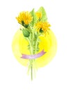 Watercolor illustration of a bouquet of dandelions, spring and summer wild flowers with a ribbon for text