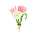 Watercolor illustration of a bouquet of flowers from tulips tied with jute, with a valentine, a tag Royalty Free Stock Photo