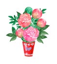 Watercolor illustration, bouquet, peonies, lush peonies, in a red decorative bucket drawing from nature.