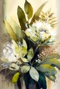 Watercolor illustration of a bouquet of protea flowers and green leaves