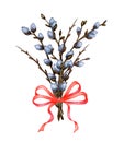 Watercolor illustration of a bouquet of willow twigs tied with a red ribbon.