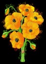 watercolor illustration of a bouquet of yellow poppies on black background