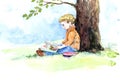 Watercolor Illustration Boy Reading under Oak