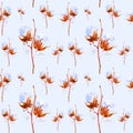 Watercolor illustration of the branches of the cotton with fluffy flowers. Isolated on blue background.Seamless pattern