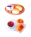 Watercolor illustration of a Breakfast of buns,jam and a Cup of tea. Isolated on white background Royalty Free Stock Photo