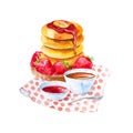 Watercolor illustration of a Breakfast of pancakes,buns,jam, strawberries and a Cup of tea. Isolated on white background Royalty Free Stock Photo