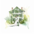 Watercolor Illustration Of Bride And Groom At Home In Classic Americana Style
