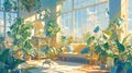 A watercolor illustration of a bright, airy living room filled with lush indoor plants and natural light, showcasing the