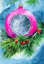 Watercolor illustration of a bright pink glass Christmas ball hanging on a fluffy green spruce Royalty Free Stock Photo