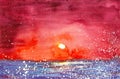 Watercolor illustration of a bright red sunset over the lake. In the foreground flying white fluff Royalty Free Stock Photo