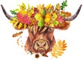 Watercolor illustration of a brown long-horned bull in a wreath of autumn leaves