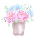 Watercolor illustration. Bucket with Floral elements. Bouquet wi