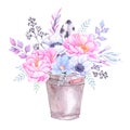 Watercolor illustration. Bucket with Floral elements. Bouquet wi