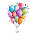 watercolor illustration of a bunch of bright multicolored balloons on a white background