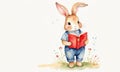 Watercolor illustration of a bunny holding a red book Royalty Free Stock Photo