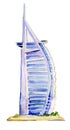 Watercolor illustration. Burj Al Arab hotel on Jumeirah beach in Dubai.