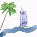 Watercolor illustration. Burj Al Arab hotel on Jumeirah beach in Dubai.