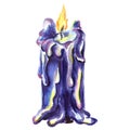 Watercolor illustration of a burning blue witch candle.