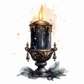 Watercolor illustration of a burning candle in a candlestick Royalty Free Stock Photo