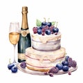 Watercolor illustration of a cake, a glass of sparkling wine, a bottle of champagne. Happy Birthday Royalty Free Stock Photo