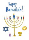 Happy Hanukkah. Menorah, Star of David, dreidel, donut, gold coins. Royalty Free Stock Photo