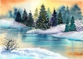 Watercolor illustration of a calm winter lake with fir trees on the horizon