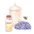 Watercolor illustration. Candle with lavender oil. Isolated on a white background. A candle, a glass bottle of essential