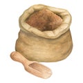 Watercolor illustration of canvas bag for cereals, seeds, flour, powder, filled with cocoa powder. With spatula or scoop