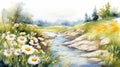 Watercolor Stream With Daisies: Adventure Themed Nature Illustration