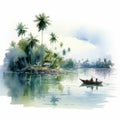 Enigmatic Tropics: Watercolor Painting Of Island Landscape With Boat