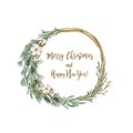 Watercolor illustration card with christmas vine wreath cotton flowers eucalyptus fir