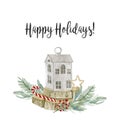 Watercolor illustration card with decorative house fir orange berries wood Royalty Free Stock Photo