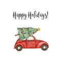 Watercolor illustration card happy holidays with red car and christmas tree Royalty Free Stock Photo