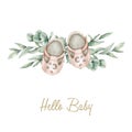 Watercolor illustration card hello baby with eucalyptus bouquet and pink shoes Royalty Free Stock Photo