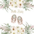 Watercolor illustration card hello baby with floral composition and pink shoes Royalty Free Stock Photo