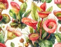 Watercolor Illustration of Carnivorous Plants Pattern Royalty Free Stock Photo