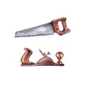 Watercolor illustration.carpenter`s tools for repairing and working on wood, hand saw on a wooden handle and plane