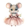 watercolor illustration of a cartoon adorable mouse in a pink dress on a white background