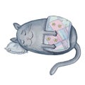 Watercolor sleeping fat cat illustration Royalty Free Stock Photo