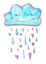 Watercolor illustration with cartoon cloud. Joyful picture for children.