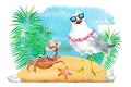 Watercolor illustration of a cartoon seagull, crab and starfish. A seagull , a crab and a star on the beach,drawing